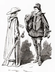Scène de la pièce de William Shakespeare, Tout est bien qui finit bien, Acte V, Scène 1, de Les Œuvres de William Shakespeare, publié en 1896